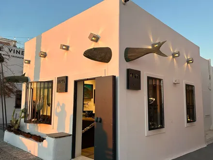 The Mati Art Gallery in Fira at dusk, with Kypris bronze fish on the facade